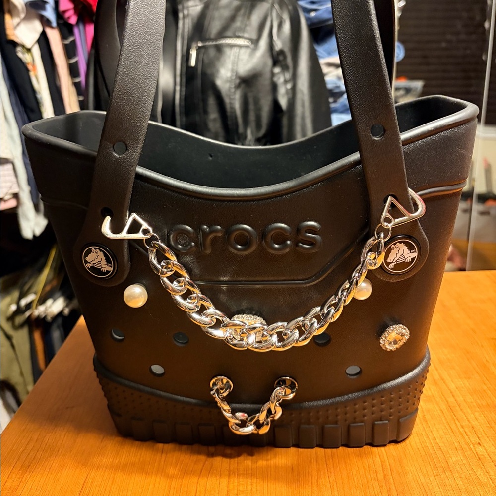 CROCS Black Tote with Silver Chain Details